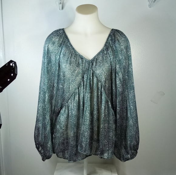 Bucket List Teal Sheer Shimmer Top Sz Lg - Picture 2 of 10